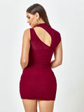 Back view of a red ruched twist front mini dress