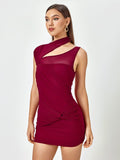 Front detail of a red asymmetrical neckline mini dress