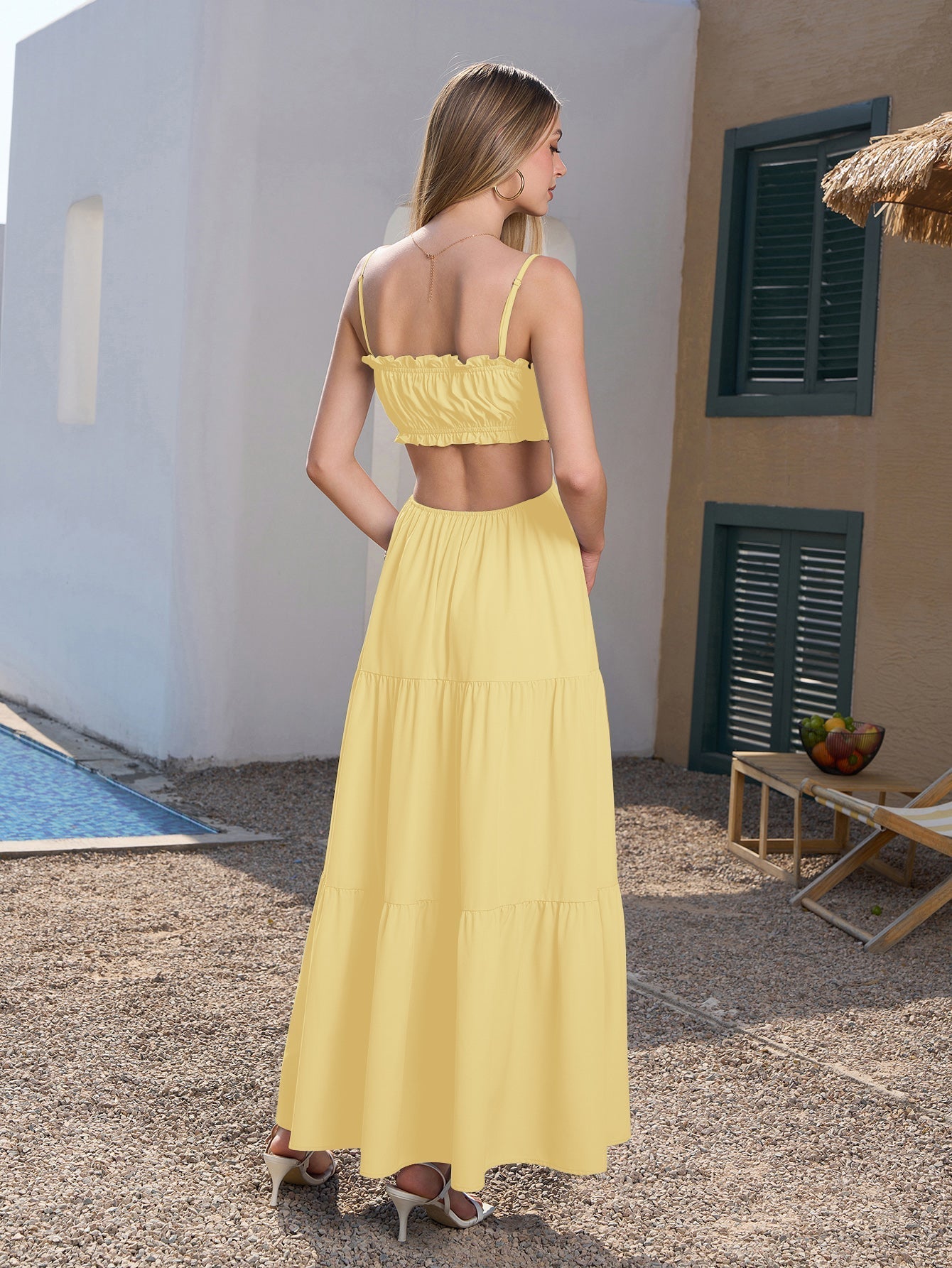 Blue tiered maxi dress with spaghetti straps and cut-out detail - View 14 | WEUXS