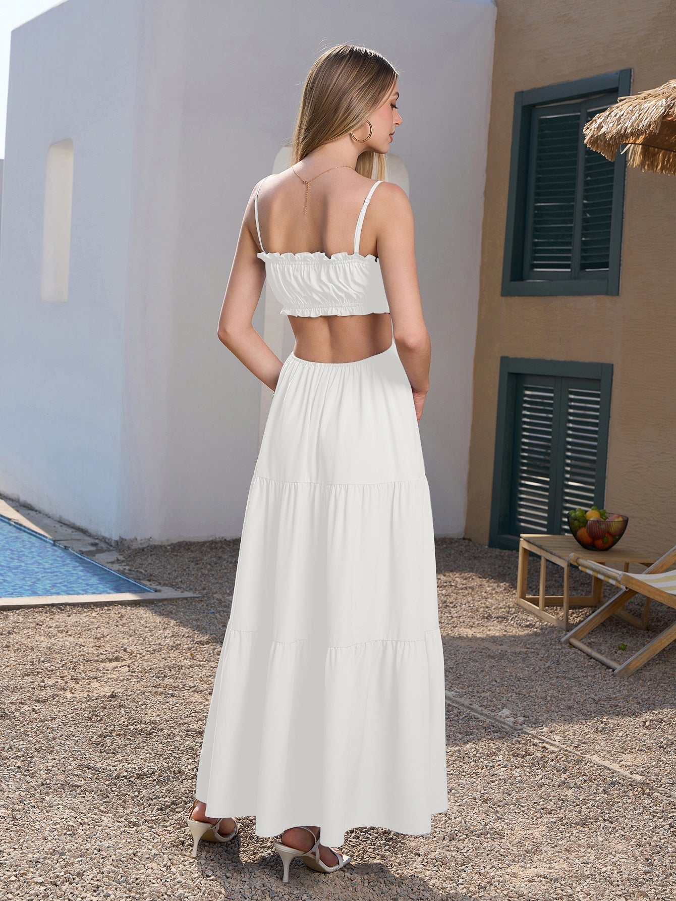 Blue tiered maxi dress with spaghetti straps and cut-out detail - View 8 | WEUXS