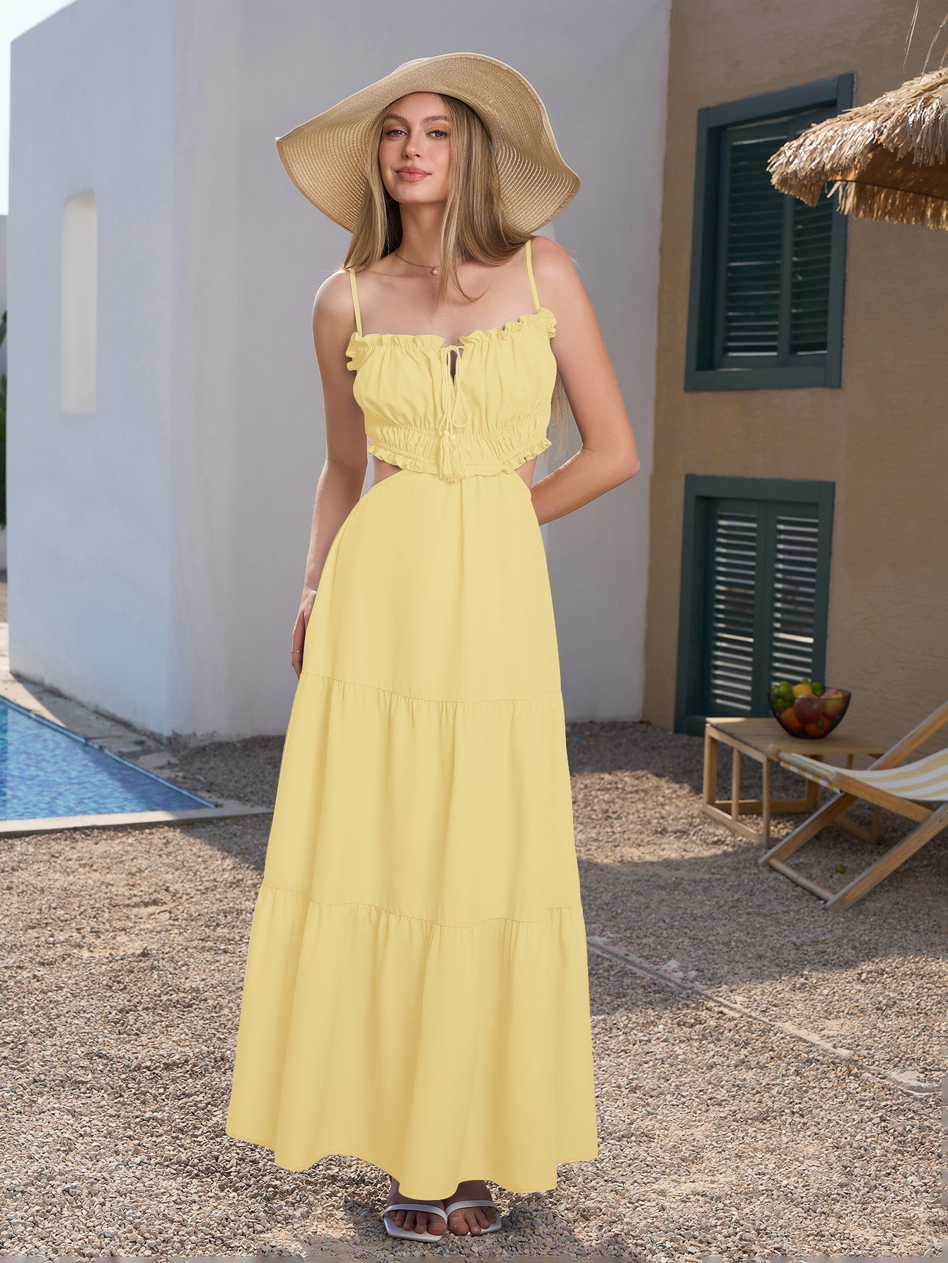 Blue tiered maxi dress with spaghetti straps and cut-out detail - View 17 | WEUXS
