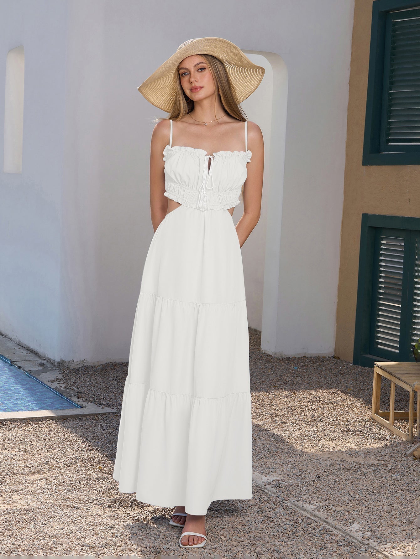 Blue tiered maxi dress with spaghetti straps and cut-out detail - View 11 | WEUXS
