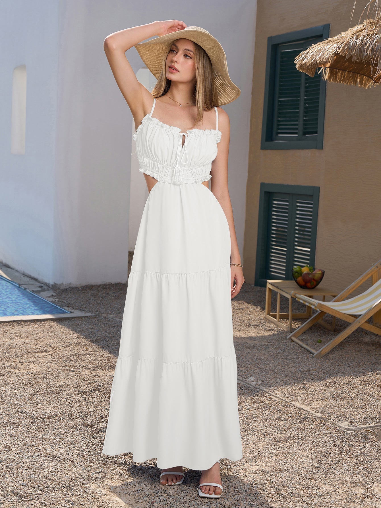 Blue tiered maxi dress with spaghetti straps and cut-out detail - View 9 | WEUXS