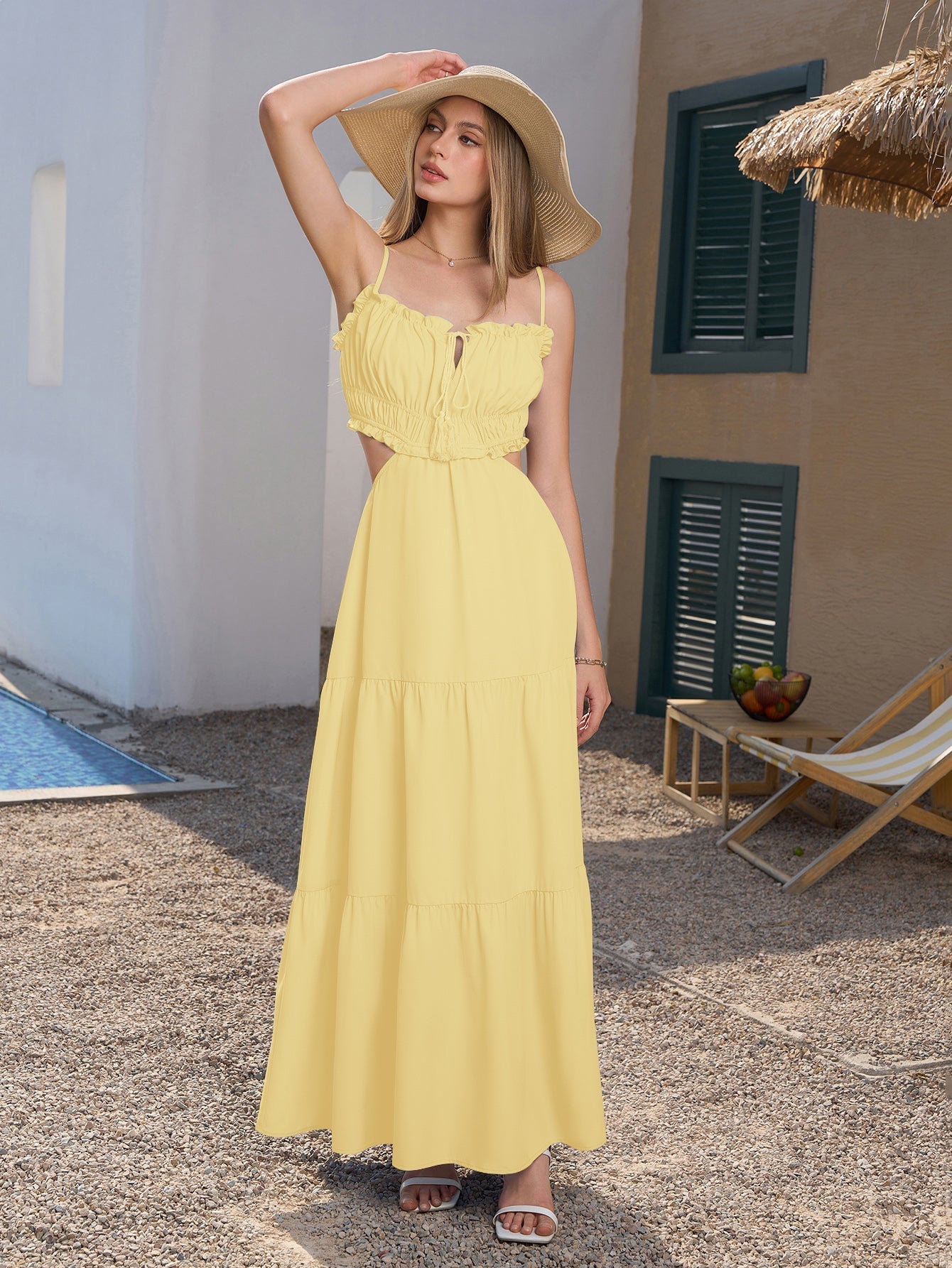 Blue tiered maxi dress with spaghetti straps and cut-out detail - View 15 | WEUXS