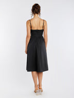 Back view of a black midi dress with spaghetti straps and zipper closure