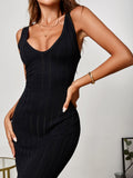 woman wearing black maxi v-neck ribbed knit dress - View 6 | WEUXS