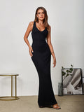 Elegant black knitted maxi dress with V-neck