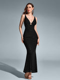 Front view of a black sequin mermaid dress with a deep V-neckline
