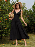 Ruched Deep V-Neck Backless Corset Dress#color_black