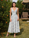 Blue floral ruched corset midi dress