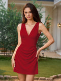 Yellow V-neck ruched waist mini dress on a model outdoors - View 16 | WEUXS