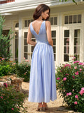 bow tie deep v-neck ruched corset dress with pockets#color_blue