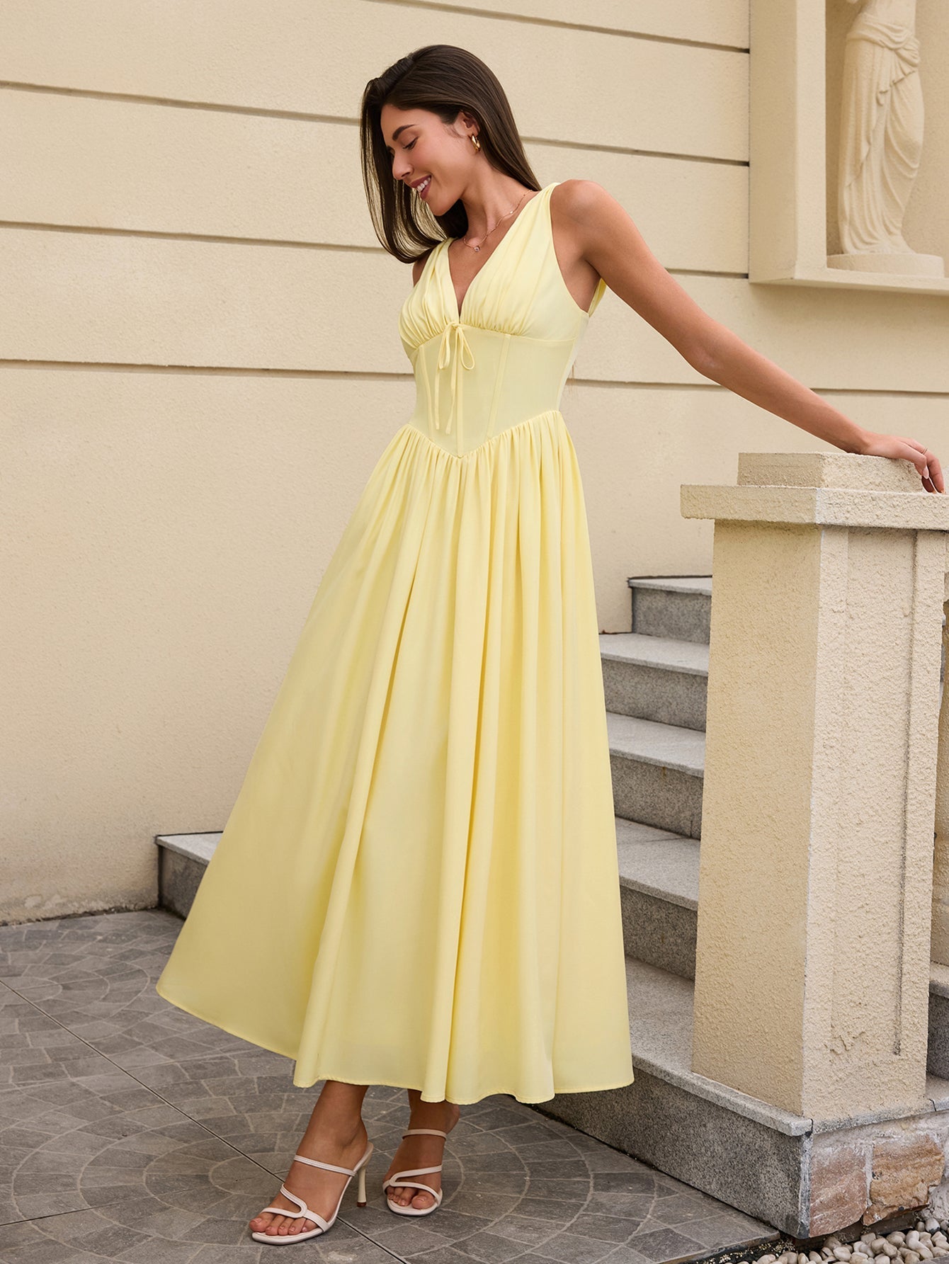 Black V-Neck Midi Dress with Bow Tie Detail - View 24 | WEUXS