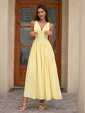 bow tie ruched corset deep v-neck dress with pockets#color_yellow