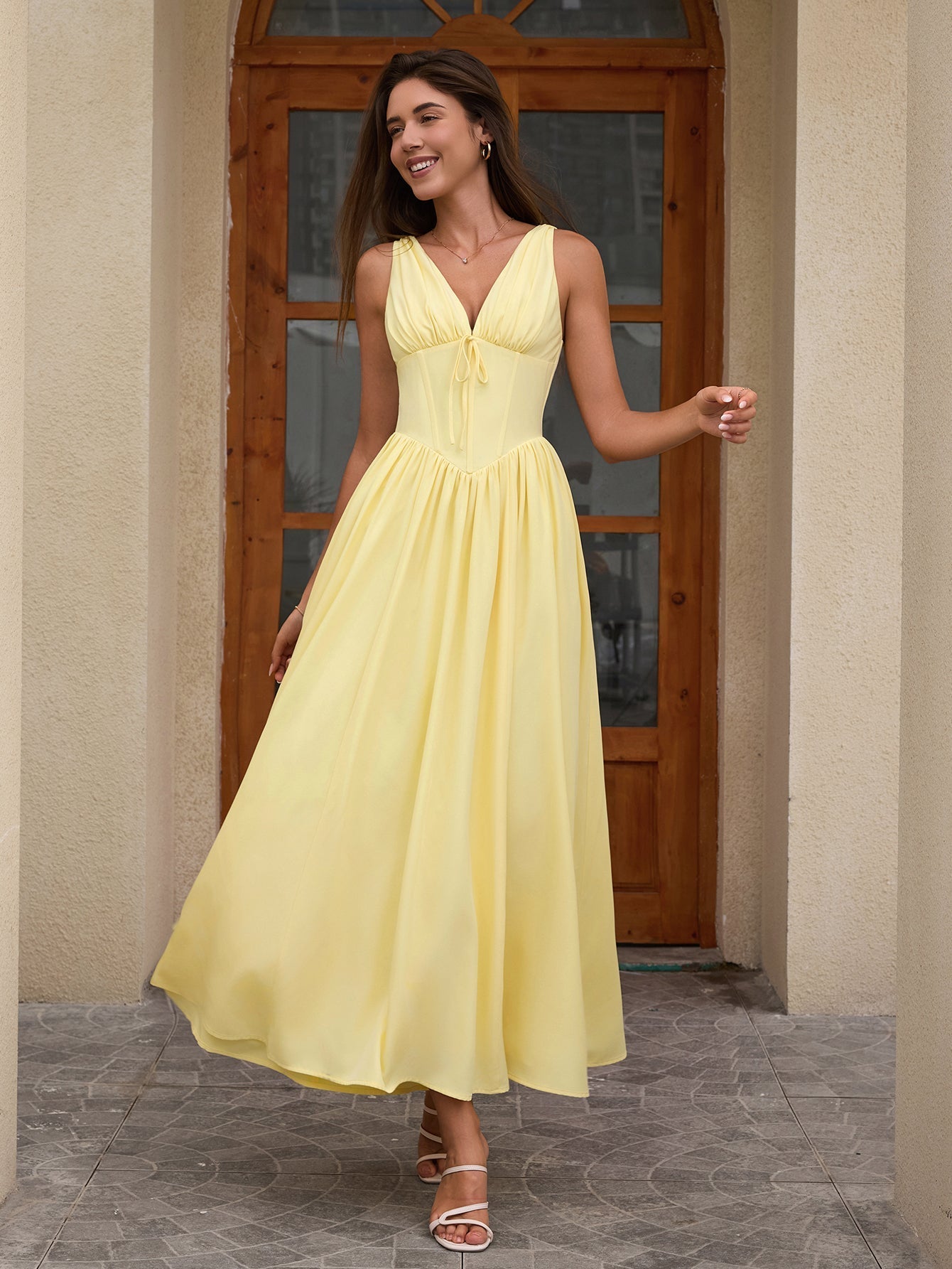 deep v-neck bow tie ruched corset dress with pockets#color_yellow