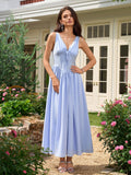 deep v-neck bow tie ruched corset dress with pockets#color_blue