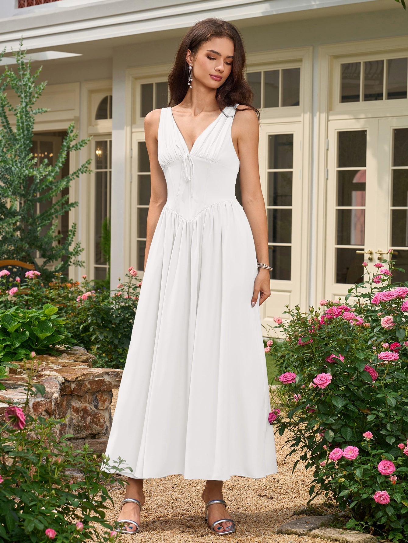 Black V-Neck Midi Dress with Bow Tie Detail - View 10 | WEUXS