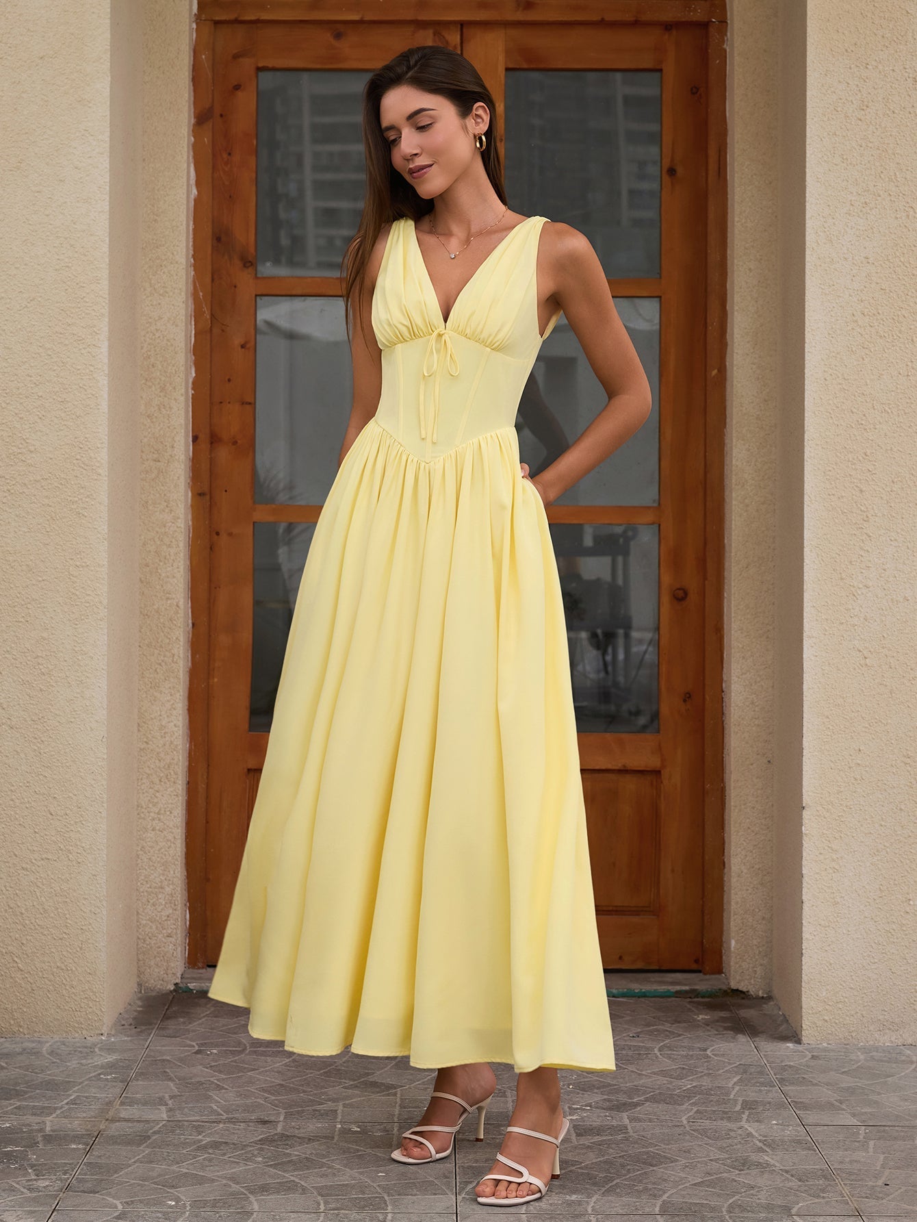 ruched corset bow tie deep v-neck dress with pockets#color_yellow