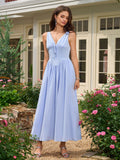 deep v-neck ruched corset bow tie dress with pockets#color_blue
