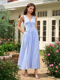 ruched corset deep v-neck bow tie dress with pockets#color_blue
