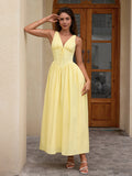 ruched corset deep v-neck bow tie dress with pockets#color_yellow