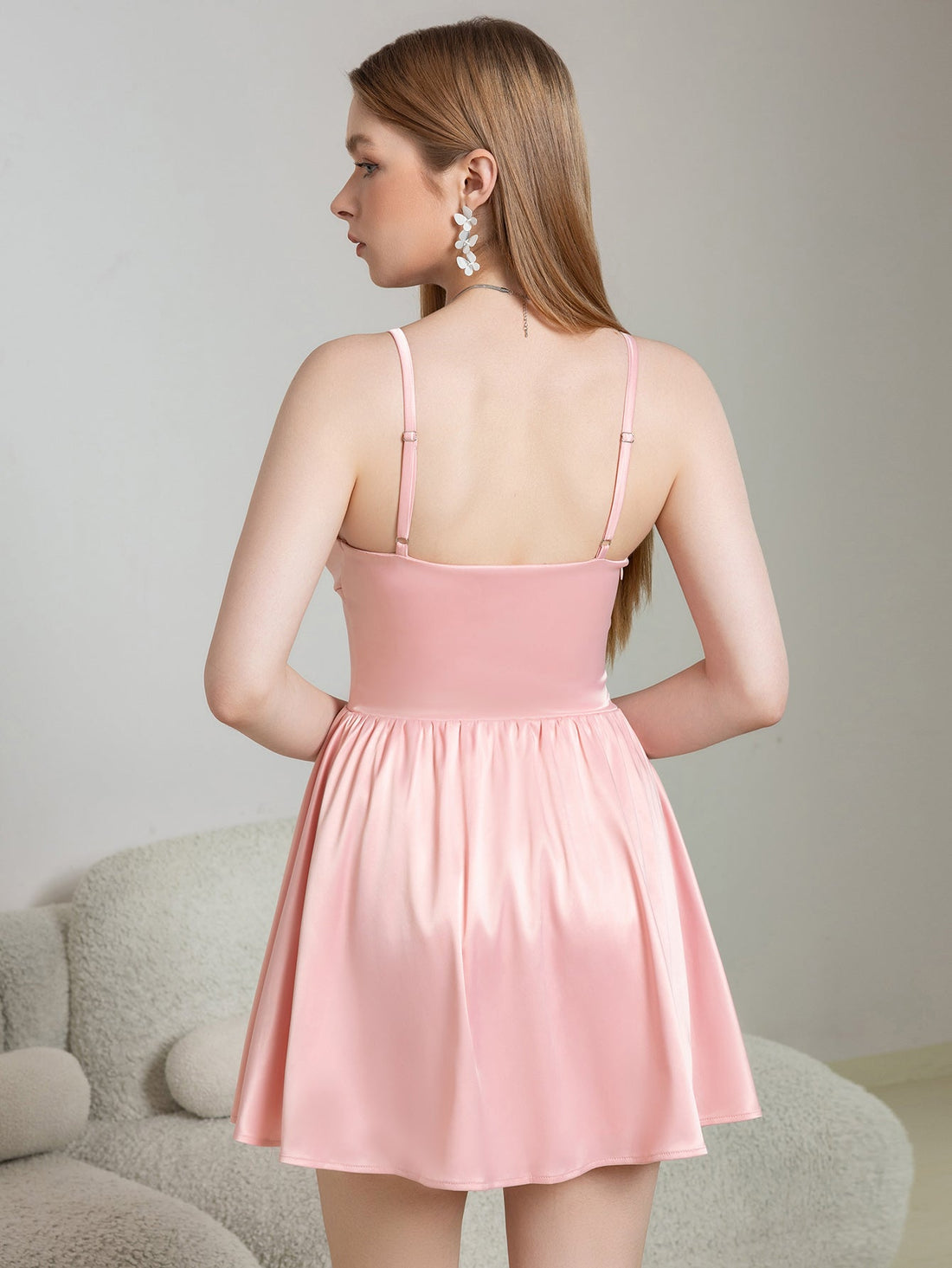 Pink satin cami dress with bow tie straps