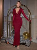 Black glitter maxi dress with V-neckline and tie back - View 7 | WEUXS