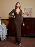 Black glitter maxi dress with V-neckline and tie back - View 13 | WEUXS