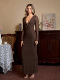 Crisscross Deep V-Neck Tie Front Glitter Bodycon Dress#color_brown