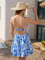 cut out deep v-neck floral print cami dress#color_blue
