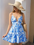 floral print cut out deep v-neck cami dress#color_blue