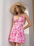 floral print cut out deep v-neck cami dress#color_hotpink