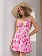 floral print cut out deep v-neck cami dress#color_hotpink