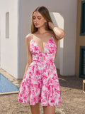 deep v-neck cut out floral print cami dress#color_hotpink