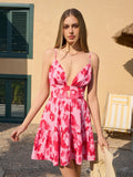 deep v-neck floral print cut out cami dress#color_butterfly