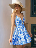 floral print deep v-neck cut out cami dresss#color_blue