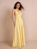 Yellow halter neck maxi dress with split thigh - View 6 | WEUXS