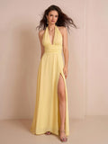 Close-up of the fabric and neckline of a yellow maxi dress