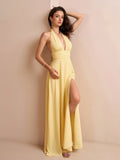 Elegant yellow halter neck gown for formal occasions