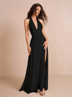 Yellow halter neck maxi dress with split thigh - View 15 | WEUXS