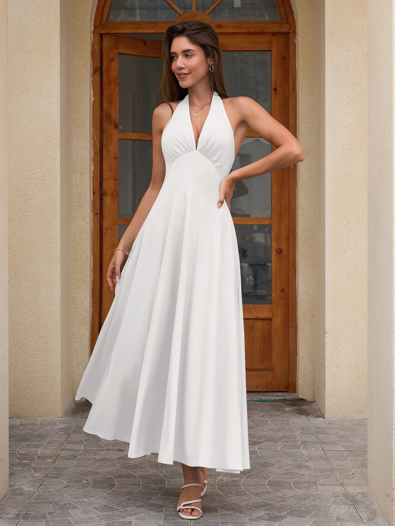 halter ruched back deep v-neck solid dress#color_white