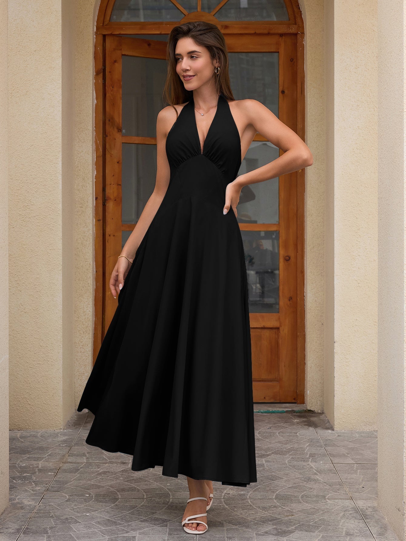 halter ruched back deep v-neck solid dress#color_black