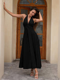 deep v-neck halter ruched back solid dress#color_black