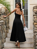 halter deep v-neck ruched back solid dress#color_black