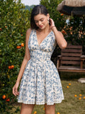 Lace Deep V-Neck Trim Crisscross Floral Print Dress#color_bluefloral