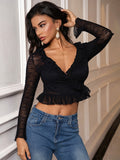Floral lace crop top with long sleeves and V-neckline - View 6 | WEUXS