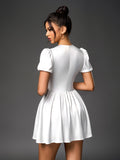 White puff sleeve satin mini dress back view