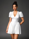 White puff sleeve satin mini dress - View 6 | WEUXS