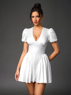 White puff sleeve satin mini dress - View 6 | WEUXS