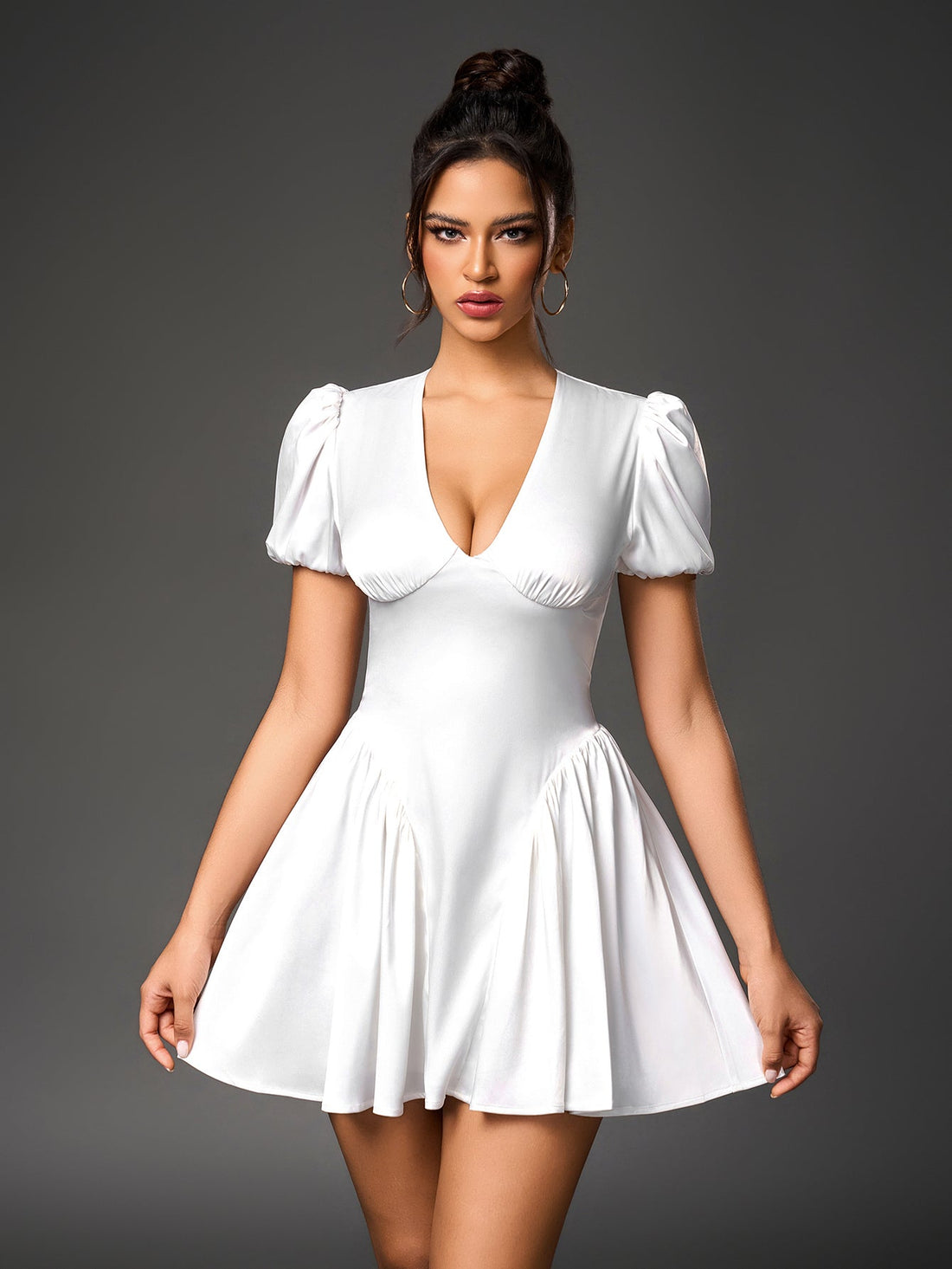White puff sleeve satin mini dress front view